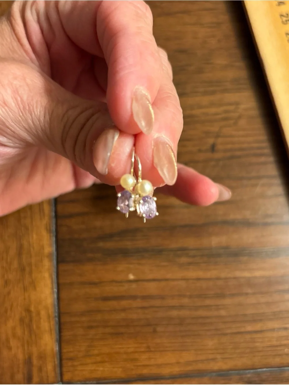 Sterling Silver Drop Earrings  Signed NV 925; Small White Pearl & Pink Gem